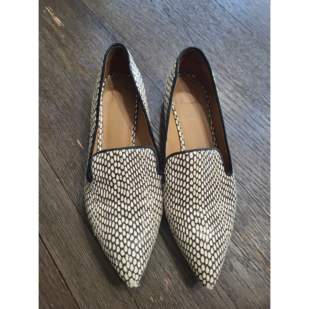 Tory Burch King Cobra Leather Block Heels Size 11 Black & Cream Great Shape‎